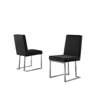 Black Velvet Upholstered Dining Side Chairs Chrome Base Set of 2