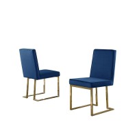 Navy Blue Velvet Upholstered Dining Side Chairs Chrome Gold Base Set of 2