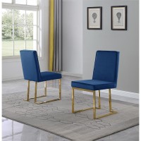 Navy Blue Velvet Upholstered Dining Side Chairs Chrome Gold Base Set of 2