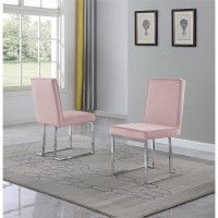 Pink Velvet Upholstered Dining Side Chairs Chrome Base Set of 2