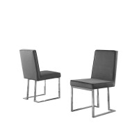 Dark Grey Velvet Upholstered Dining Side Chairs Chrome Base Set of 2