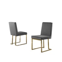 Dark Grey Velvet Upholstered Dining Side Chairs Chrome Gold Base Set of 2