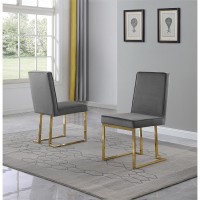 Dark Grey Velvet Upholstered Dining Side Chairs Chrome Gold Base Set of 2