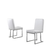 White Faux Leather Upholstered Dining Side Chairs Chrome Base Set of 2