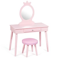 Kotek Kids Vanity With Mirror And Stool, 2 In 1 Wooden Princess Makeup Dressing Table Set W/Solid Wooden Legs/Crown Mirror/Detachable Top/Storage Drawer, Pretend Play Vanity Table Set For Girl (Pink)