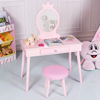 Kotek Kids Vanity With Mirror And Stool, 2 In 1 Wooden Princess Makeup Dressing Table Set W/Solid Wooden Legs/Crown Mirror/Detachable Top/Storage Drawer, Pretend Play Vanity Table Set For Girl (Pink)