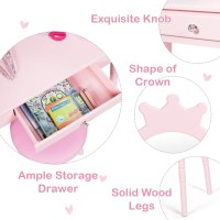 Kotek Kids Vanity With Mirror And Stool, 2 In 1 Wooden Princess Makeup Dressing Table Set W/Solid Wooden Legs/Crown Mirror/Detachable Top/Storage Drawer, Pretend Play Vanity Table Set For Girl (Pink)