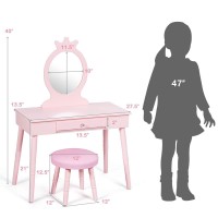 Kotek Kids Vanity With Mirror And Stool, 2 In 1 Wooden Princess Makeup Dressing Table Set W/Solid Wooden Legs/Crown Mirror/Detachable Top/Storage Drawer, Pretend Play Vanity Table Set For Girl (Pink)