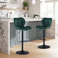 Clipop Adjustable Swivel Bar Stools Set Of 2,Counter Height Bar Stools With Back, Upholstered Velvet Armless Bar Chairs For Kitchen Island Pub Cafe, Green