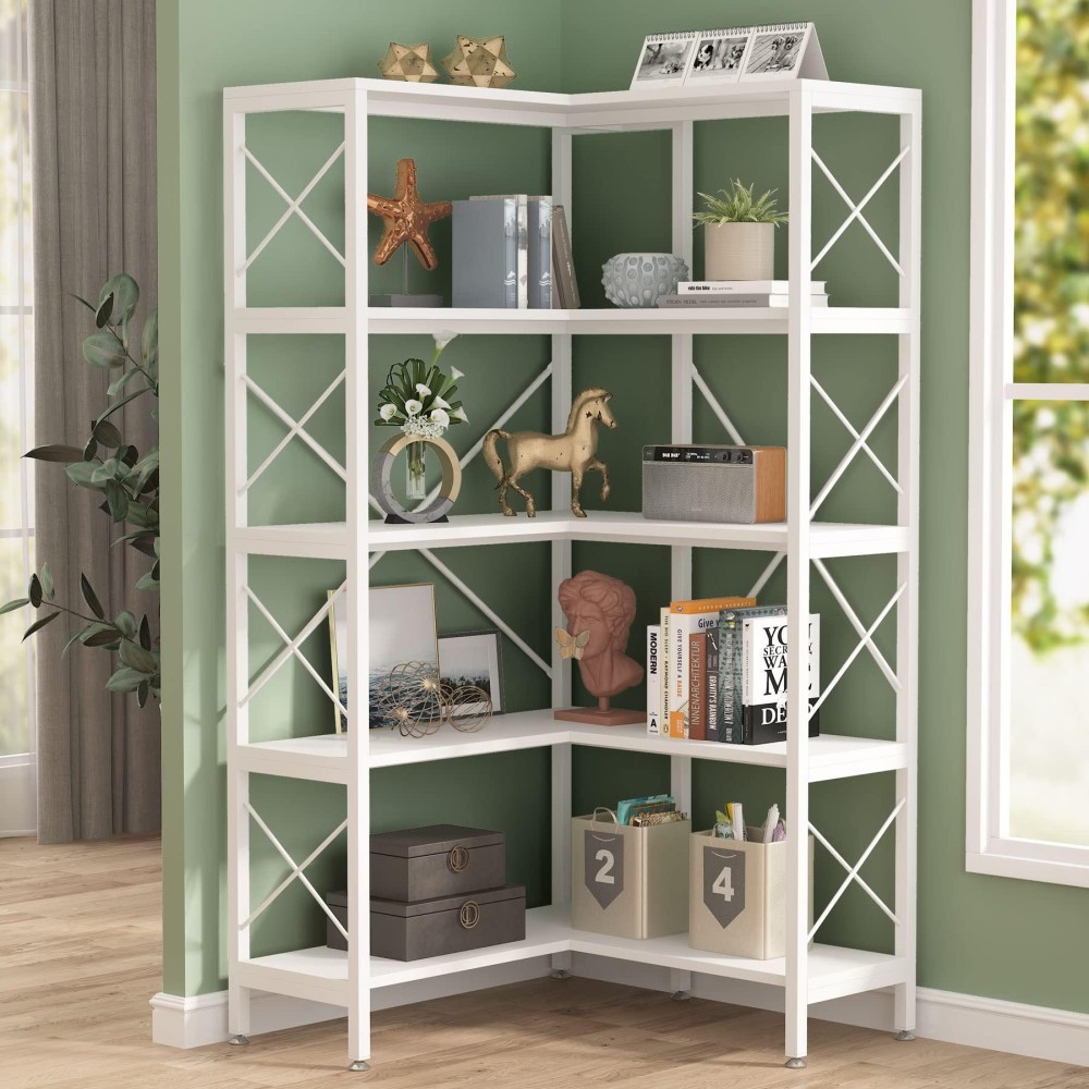 Tribesigns 5-Shelf Corner Bookshelf, Large Modern Corner Bookcase, 5-Tier Tall Corner Shelf Storage Display Rack With Metal Frame For Living Room Home Office (White)