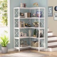 Tribesigns 5-Shelf Corner Bookshelf, Large Modern Corner Bookcase, 5-Tier Tall Corner Shelf Storage Display Rack With Metal Frame For Living Room Home Office (White)