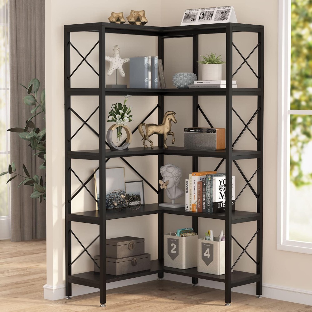 Tribesigns 5-Shelf Corner Bookshelf, Large Modern Corner Bookcase, 5-Tier Tall Corner Shelf Storage Display Rack With Metal Frame For Living Room Home Office (Black)