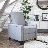 Carson Transitional Style Push Back Recliner Chair - Pillow Back Recliner - Light Gray Fabric Upholstery - Accent Nail Trim