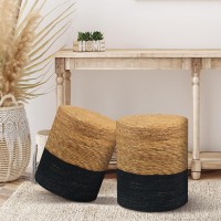 Wimarsbon Natural Seagrass Foot Stool Hand Weaving Round Ottoman For Living Room Outdoor Seat Natural Black