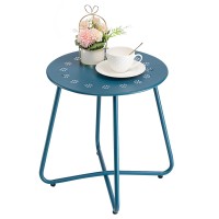 Danpinera Outdoor Side Tables With Flower Cut Outs, Weather Resistant Steel Patio Side Table, Small Round Outdoor End Table Metal Side Table For Patio Yard Balcony Garden Navy Blue