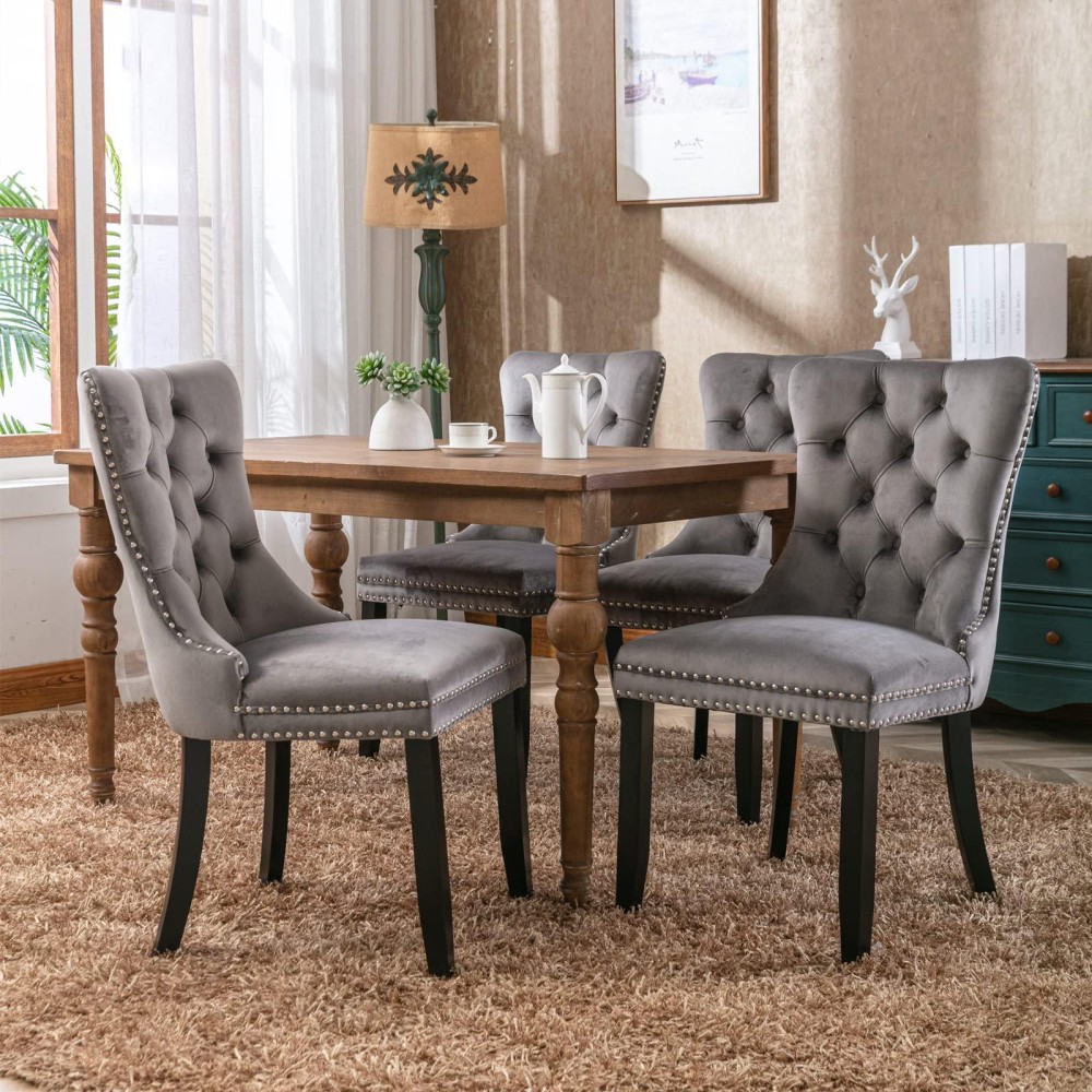 Hometouch Luxury Velvet Upholstered Dining Kitchen Chairs With Oak Legs Tufted Knocker Chair For Bedroom Living Room Lounge Dressing Room Grey (4, Gray)