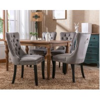 Hometouch Luxury Velvet Upholstered Dining Kitchen Chairs With Oak Legs Tufted Knocker Chair For Bedroom Living Room Lounge Dressing Room Grey (4, Gray)