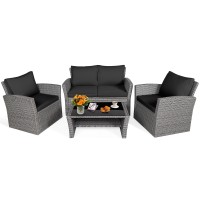 Tangkula 4 Pieces Patio Furniture Set, All Weather Outdoor Sectional Rattan Sofa Set With Cushions & Tempered Glass Table, Wicker Conversation Couch Set For Backyard Garden Poolside (Black)