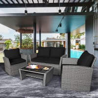 Tangkula 4 Pieces Patio Furniture Set, All Weather Outdoor Sectional Rattan Sofa Set With Cushions & Tempered Glass Table, Wicker Conversation Couch Set For Backyard Garden Poolside (Black)