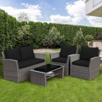 Tangkula 4 Pieces Patio Furniture Set, All Weather Outdoor Sectional Rattan Sofa Set With Cushions & Tempered Glass Table, Wicker Conversation Couch Set For Backyard Garden Poolside (Black)