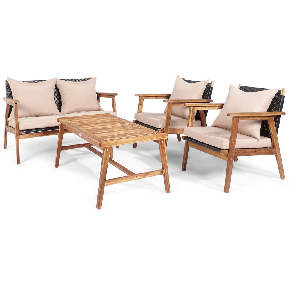Dortala 4 Piece Wicker Patio Furniture Set, Outdoor Acacia Wood & Rattan Coversation Sets With Chairs, Loveseat, Coffee Table For Backyard Porch Garden Poolside Balcony, Brown