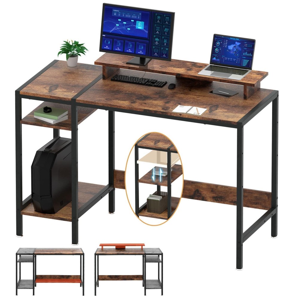 Minosys Gaming/Computer Desk - 47? Home Office Small Desk With Monitor Stand, Rustic Writing Desk For 2 Monitors, Adjustable Storage Space, Modern Design Corner Table.