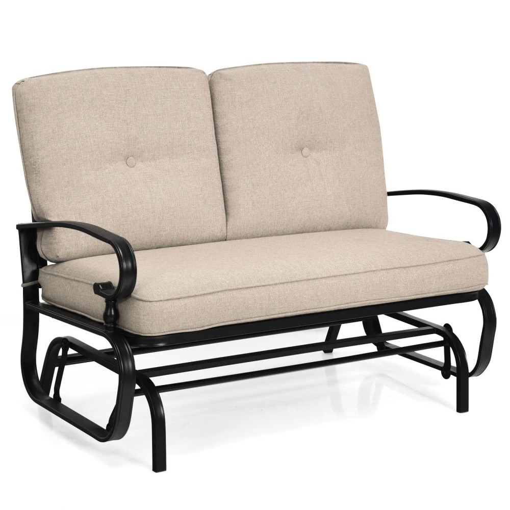 Giantex Outdoor Glider Bench Patio Loveseat With Cushions, 2-Person Outdoor Rocking Chair, Porch Glider Swing For Garden, Backyard, Poolside, Patio Seating Rocker (Beige)