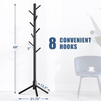 Haddockway Wooden Coat Rack Stand With 8 Hooks New Zealand Pine 3 Adjustable Coat Standing Tree Easy Assembly For Coats Hats S