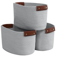 Organizix 3 Pack Woven Cotton Rope Shelf Storage Basket With Leather Handles, Baby Nursery Storage Bin Organizers, Closet Shelf Storage - 15 X 10 X 9, Gray