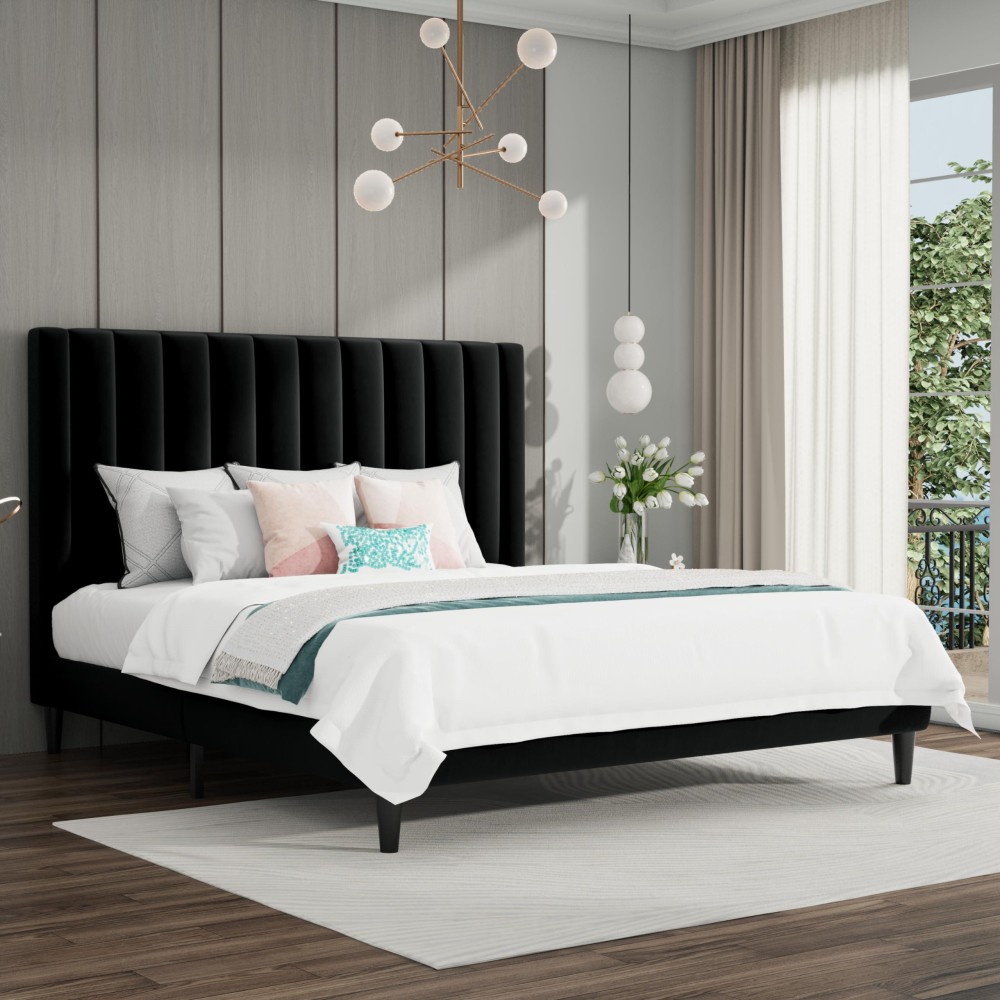 Sha Cerlin King Bed Framevelvet Upholstered Platform Bed Frame With Headboardstrong Wood Slats Supportmattress Foundationno