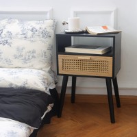 Maxsmeo End Table With Storage Mid Century Nightstand With Rattan Drawer And Shelf Wood Small Side Coffee Table For Small Space