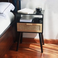 Maxsmeo End Table With Storage Mid Century Nightstand With Rattan Drawer And Shelf Wood Small Side Coffee Table For Small Space