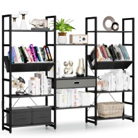 Numenn Triple Wide 4 Tier Bookcase, Adjustable Rustic Industrial Style Book Shelves, Modern Tall Bookcase Furniture For Bedroom, Living Room And Home Office, Elegant Black