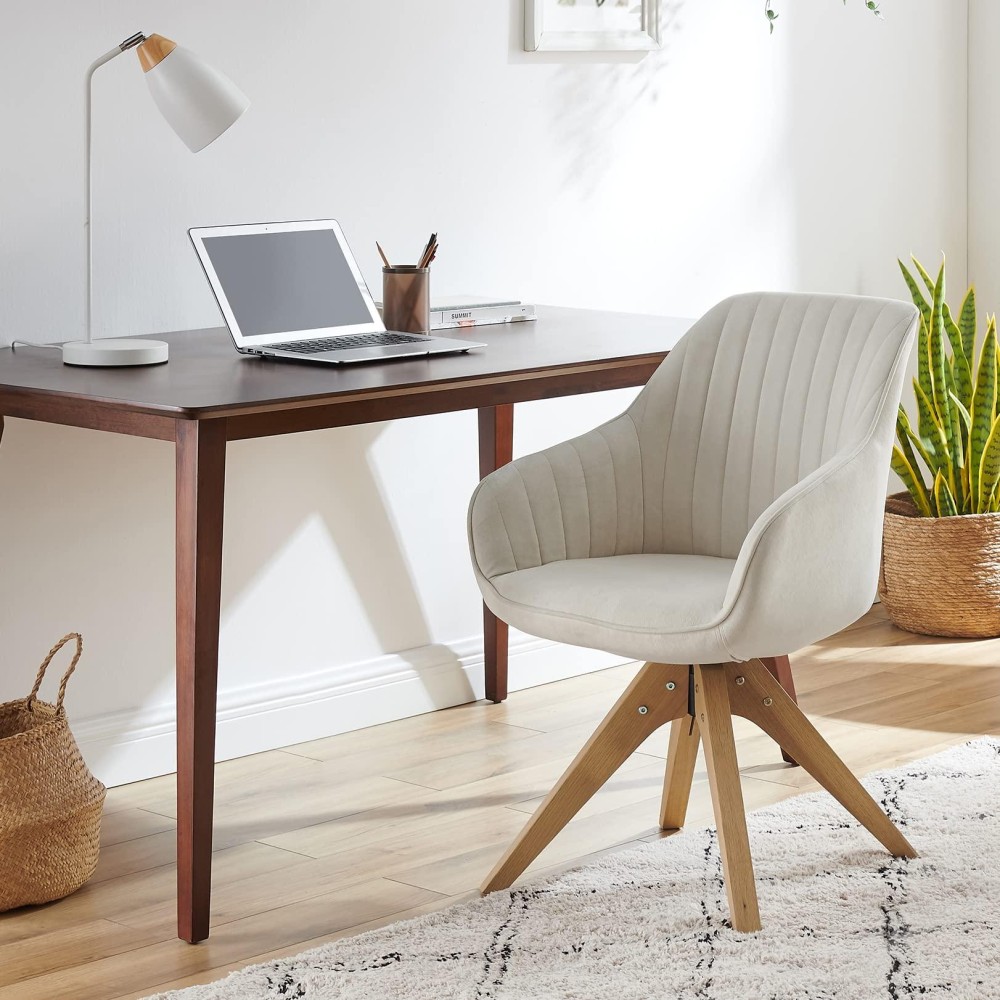 Art Leon Mid Century Modern Swivel Accent Chair With Oak Wood Legs, Desk Chair No Wheels, Armchair For Desk, Off White