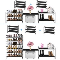 Simple Trending 3Tier Stackable Shoe Rack Expandable Adjustable Fabric Shoe Shelf Storage Organizer Black