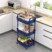 Sywhitta 3-Tier Plastic Rolling Utility Cart With Handle, Multi-Functional Storage Trolley For Office, Living Room, Kitchen, Movable Storage Organizer With Wheels, Blue