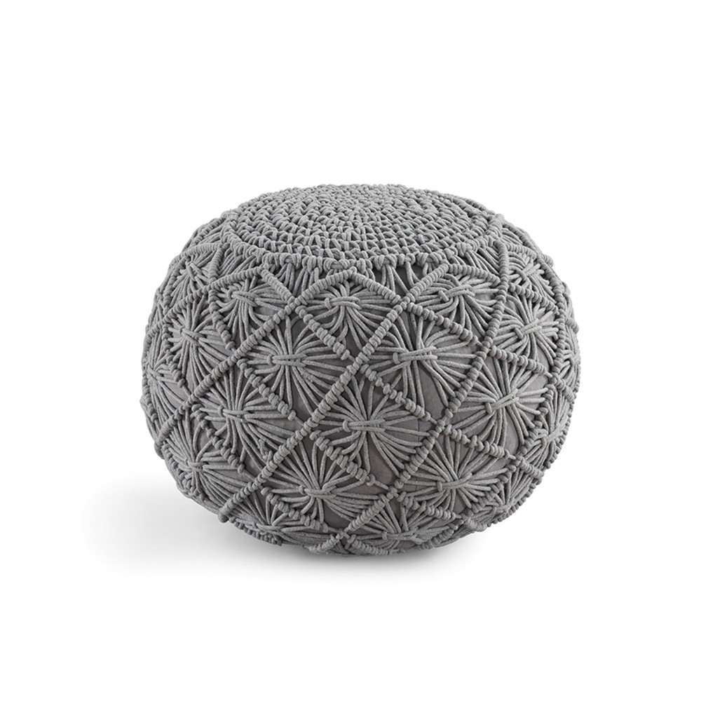 Lane Linen Pouf Ottoman - Hand Knitted Macrame Ottoman Pouf, Large Pouf Ottoman Foot Rest For Couch, 100% Cotton Cord, Poufs For Living Room, Floor Pouf Ottoman - 20 Diameter X 14 Height - Silver Grey