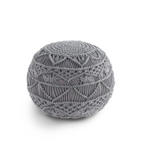 Lane Linen Pouf Ottoman - Hand Knitted Macrame Foot Stool Ottoman Pouf, Foot Rest For Couch, 100% Cotton Cord, Poufs For Living Room, Floor Pouf Chairs - 20 Diameter X 14 Height - Silver Grey