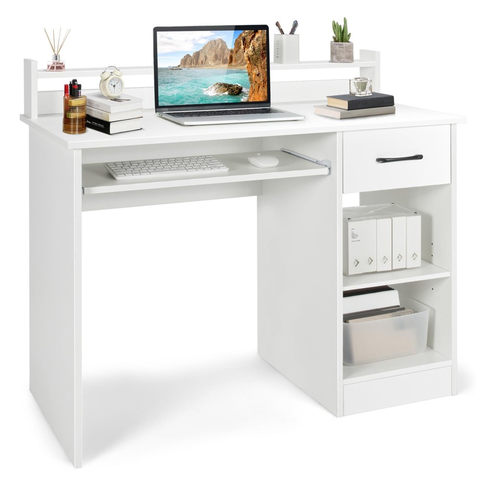 Tangkula White Desk With Drawer & Keyboard Tray, 22 Inch Wide Modern Study Writing Desk With Desktop Hutch & Storage Shelves, Home Office Desk For Teens, Wood Pc Laptop Desk, Desk For Bedroom