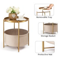 Danpinera Round Side Table With Fabric Storage Basket Metal Small Bedside Nightstand With Removable Tray Top For Living Room B