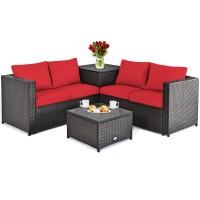 Dortala 4-Piece Outdoor Patio Furniture Set, Weather Resistant Pe Rattan Conversation Set With 2 Loveseats, Outdoor Sectional Sofa Set With Comfy Cushions For Garden And Poolside, Red