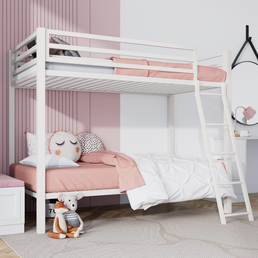 Sha Cerlin Twin Over Twin Metal Bunk Bed For Juniors, Industrial Twin Bunk Beds Frame With Inclined Stairs & Full-Length Guardrail, Space-Saving, Easy For Climbing & Assemble, Matte White
