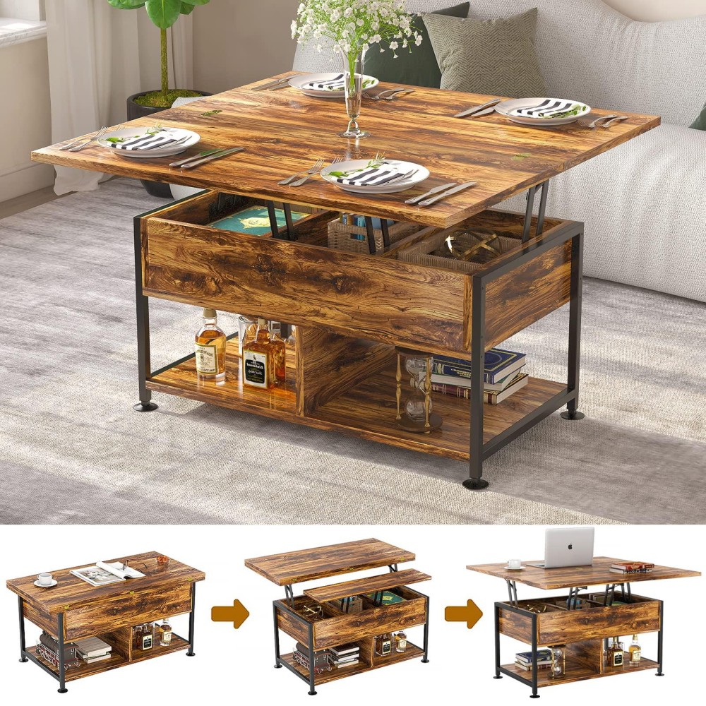 Cosimates Lift Top Coffee Table ,4 In 1 Multi-Function Coffee Table With Hidden Compartment ,Modern Lift Tabletop Dining Table For Living Room Reception/Home Office, Rustic Brown