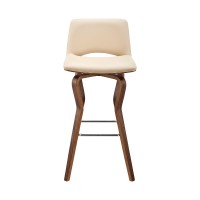 Swivel Barstool with Faux Leather and Wooden Support, Cream and Brown