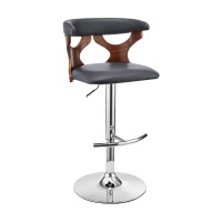 Adjustable Barstool with Curved Cut Out Wooden Back, Brown and Gray