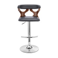 Adjustable Barstool with Curved Cut Out Wooden Back, Brown and Gray