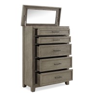 Wooden Chest with 5 Drawers and Lift Top Mirror, Beige