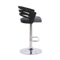 Adjustable Barstool with Curved Open Low Wooden Back, Black and Chrome
