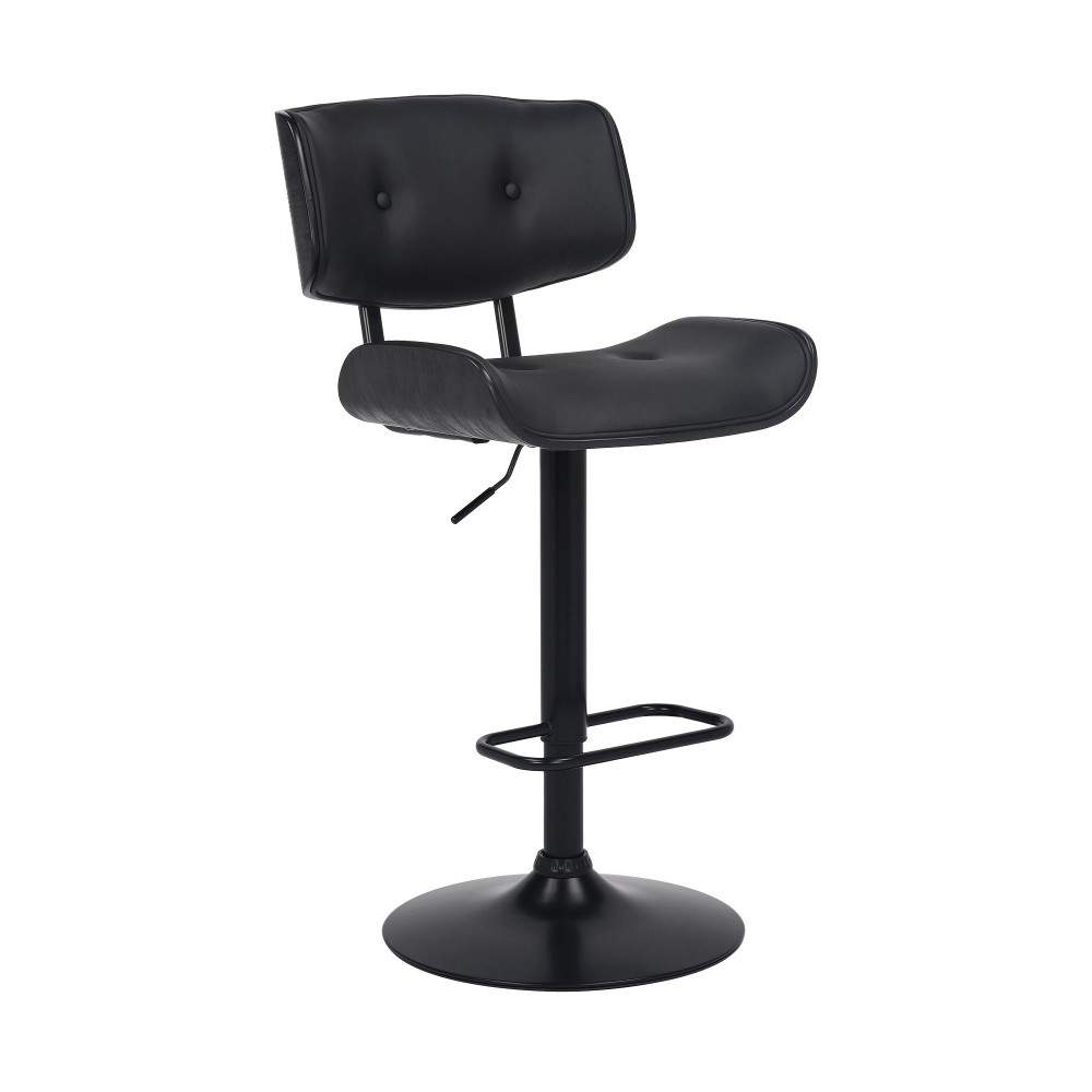 Bar Stool with Leatherette Button Tufted Back and Seat, Black
