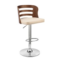 Adjustable Barstool with Curved Open Wooden Back, Brown and Cream